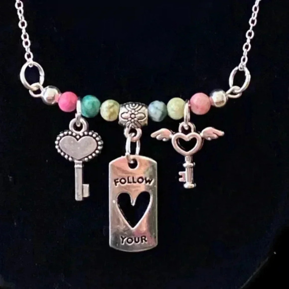 FOLLOW YOUR HEART Gemstone Beaded Silver Plate Chain Bar Charm Necklace 19” - Picture 3 of 6